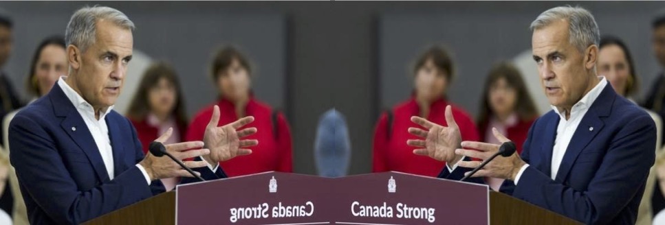 Mark Carney, mirrored, at a podium.